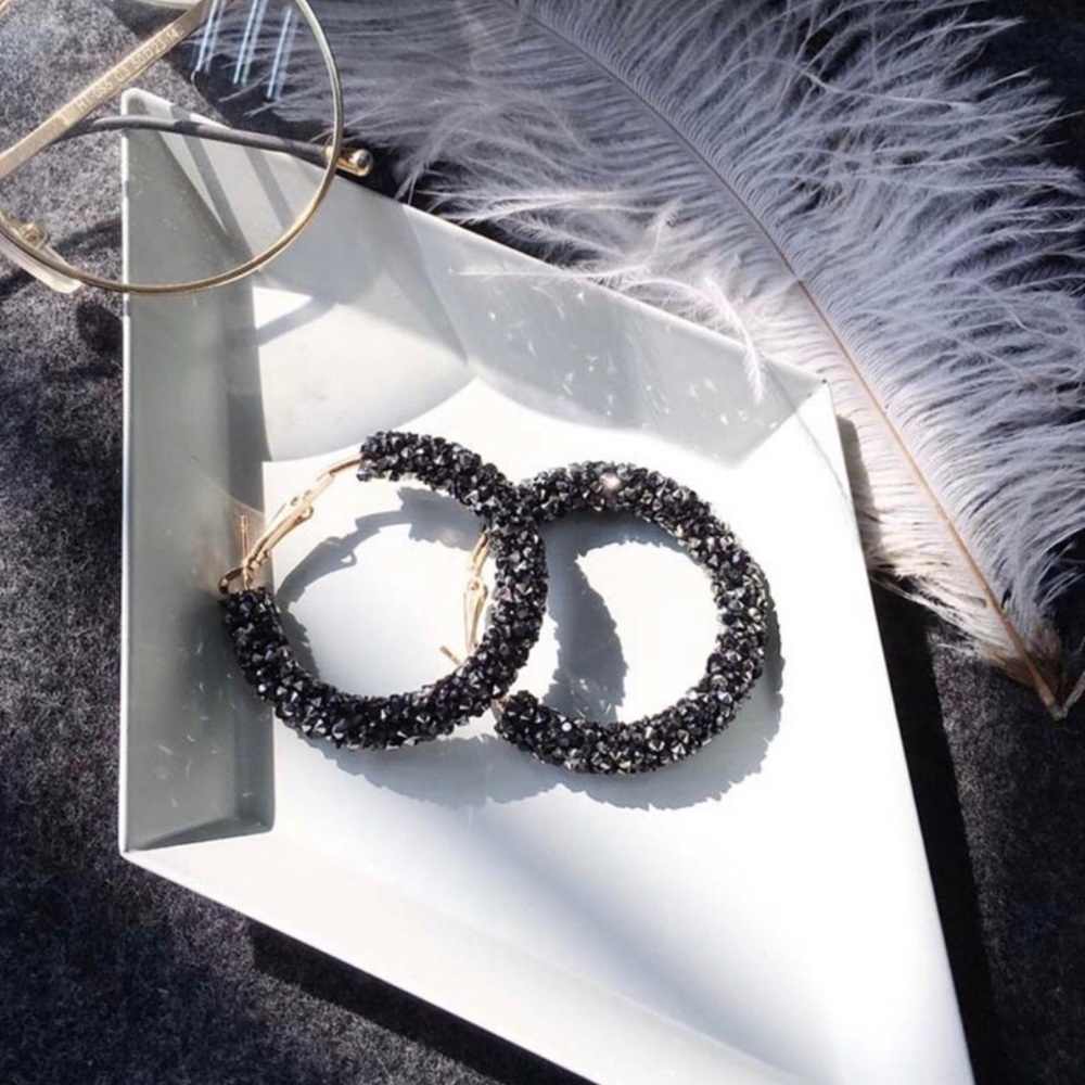 🎉 Dressy Black Sparkle Hoop Earrings